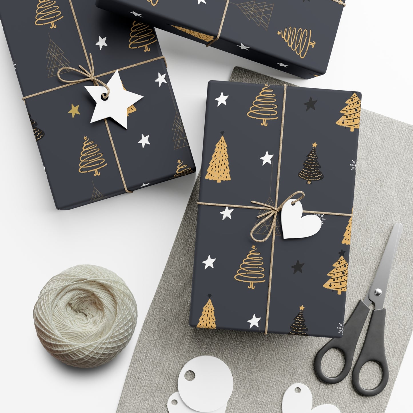 Elegant Black & Gold Holiday Gift Wrap Paper - Christmas Tree & Star Design