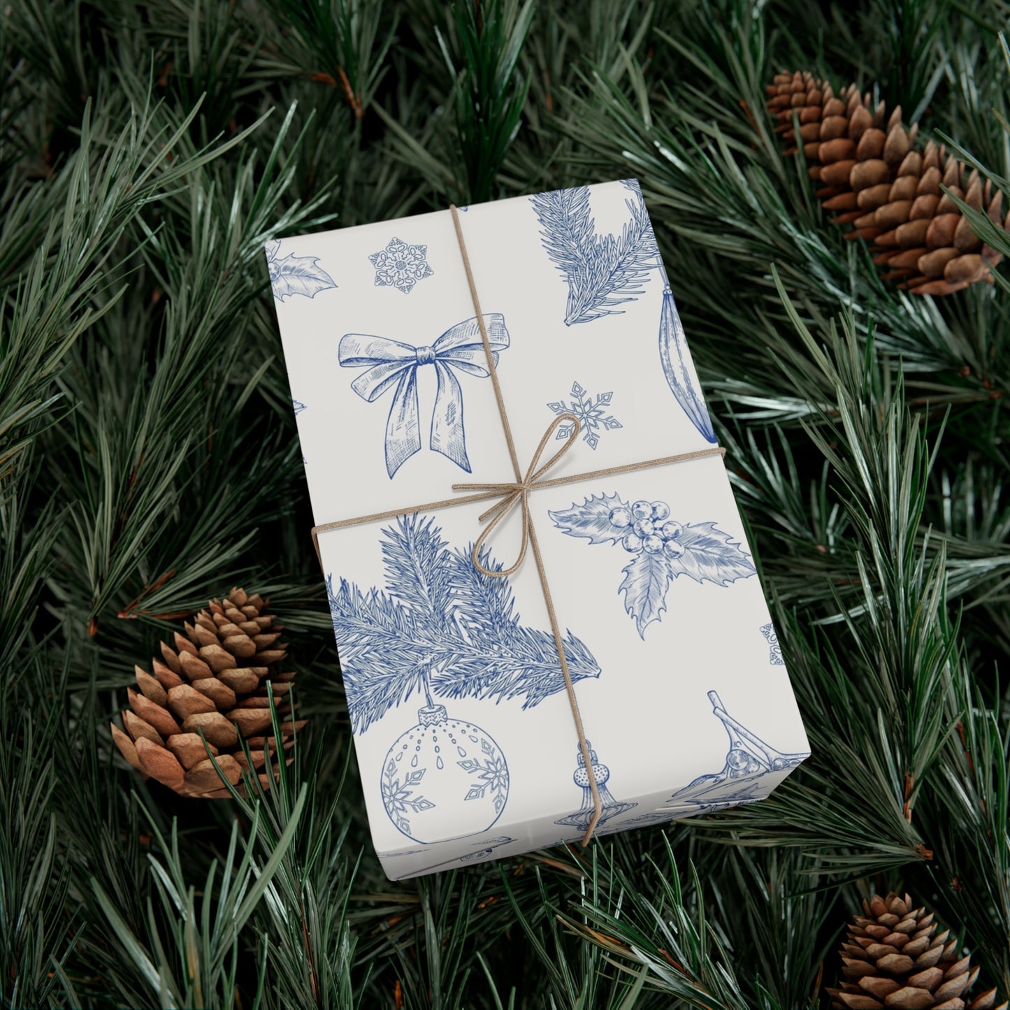 Elegant Winter Gift Wrap Paper – Blue Botanical Design for Holiday Gifting