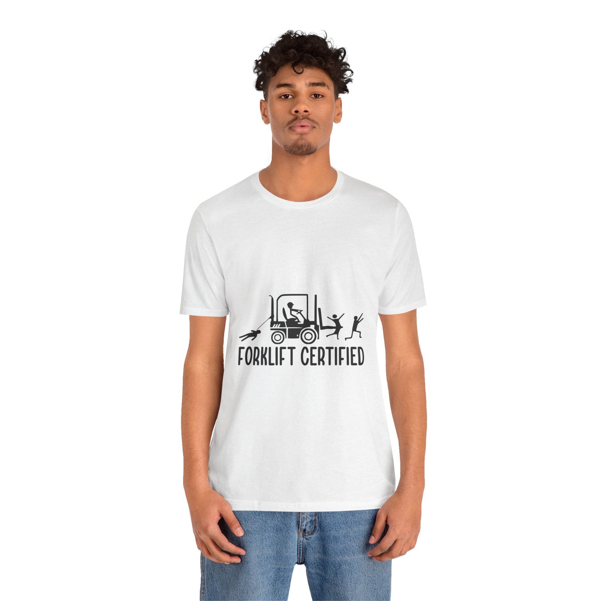 Forklift Certified Unisex Jersey Tee - Fun Work Shirt for Heavy Equipment Operators - aMOOsing Designs