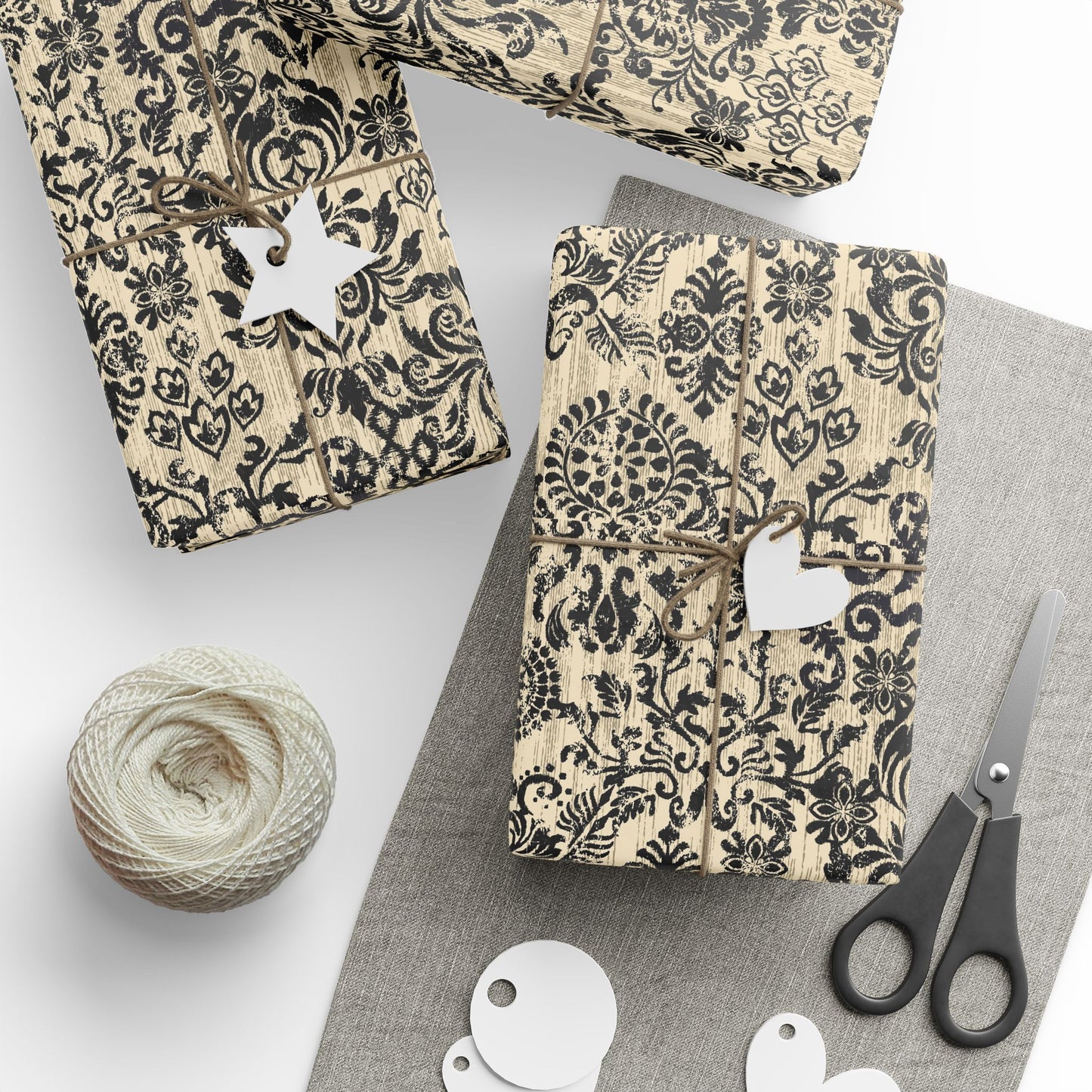 Elegant Vintage Black Damask Wrapping Paper Roll, Handmade Gift Wrap for Weddings, Birthdays, Holidays, Special Occasions, Eco-Friendly