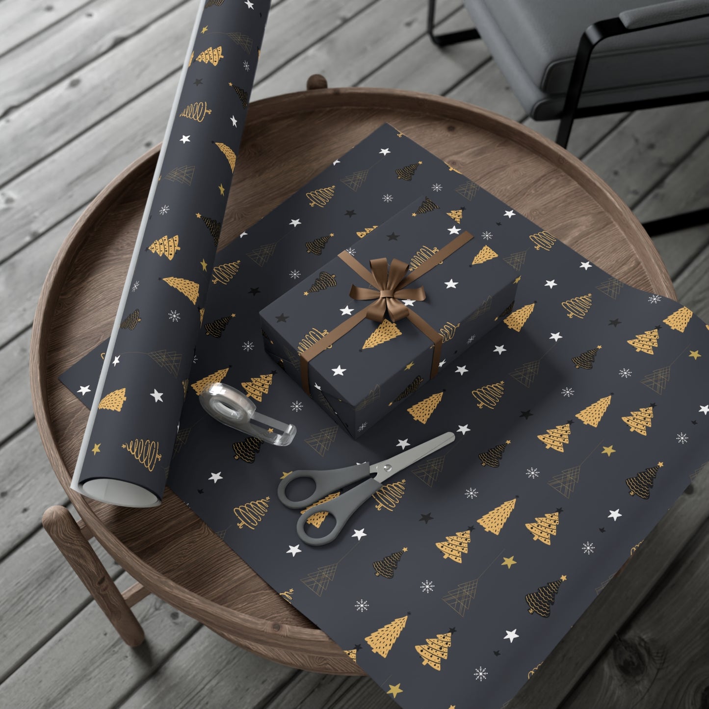 Elegant Black & Gold Holiday Gift Wrap Paper - Christmas Tree & Star Design